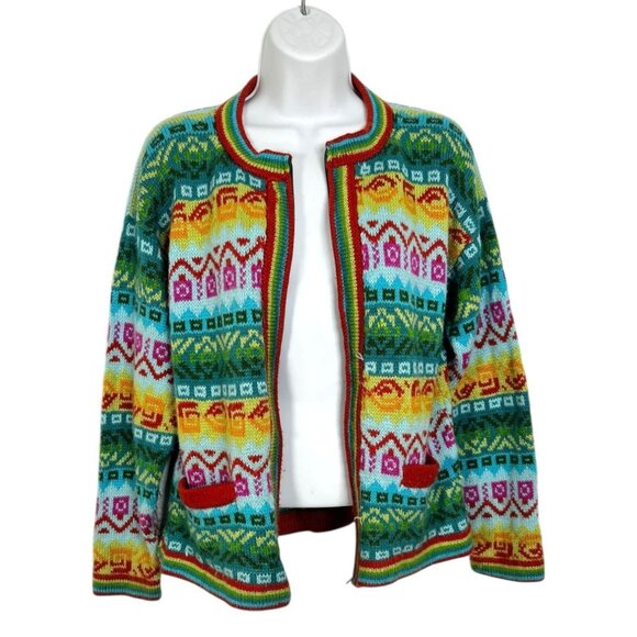 Colorful Geometric Knit Zip Up Cardigan Sweater Multicolor Rainbow Boho Small XS - Picture 2 of 7